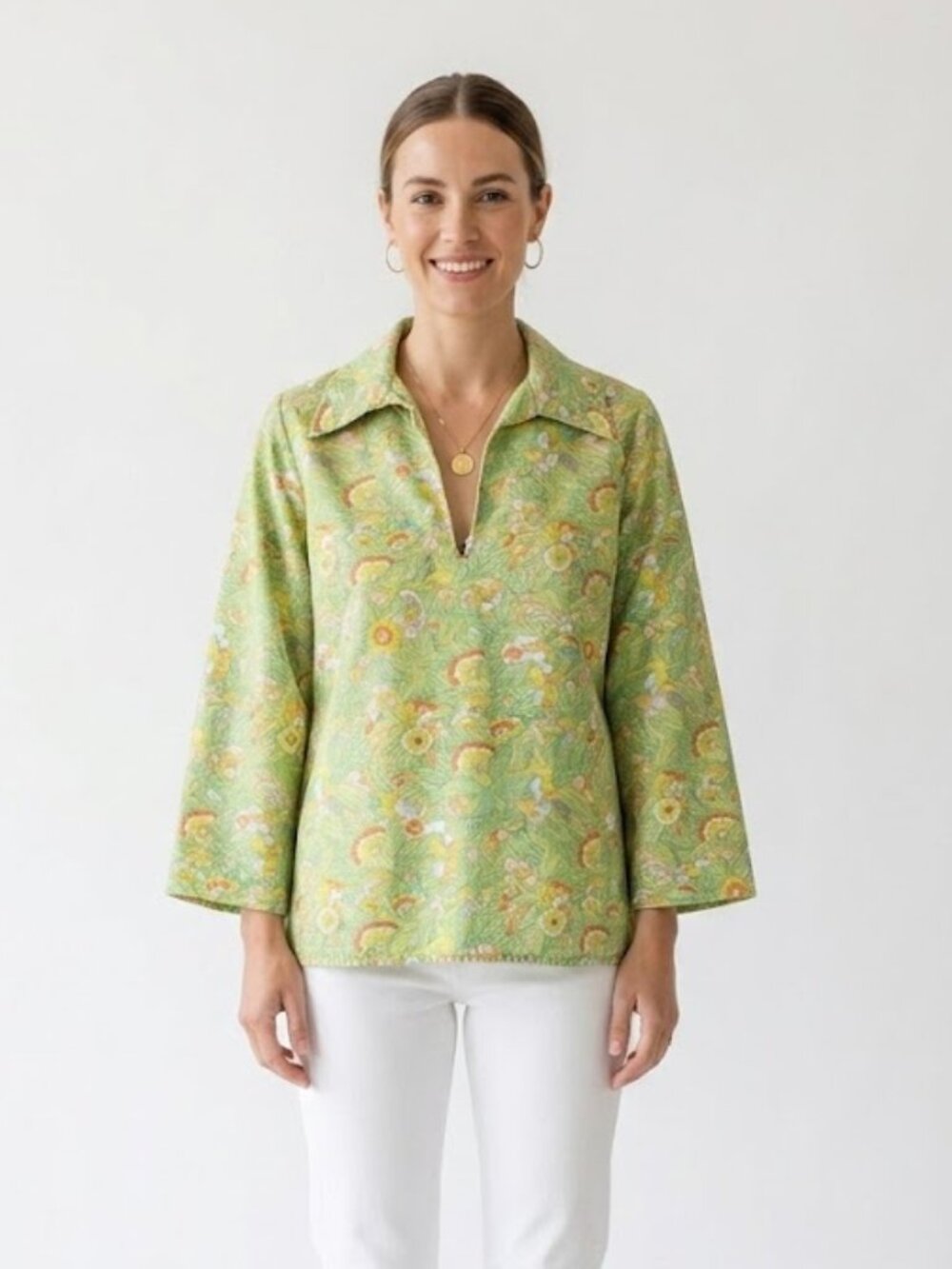 Vintage 70s Handmade Floral Top Chartreuse Green Mod Tunic Blouse M